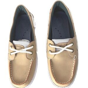 Boat Shoes Mens Boys 7.5 Tan White Mesh Nautical Deck Loafers Preppy Island Surf